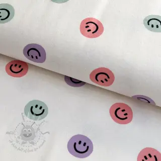 Bomullstyg FLANNEL Happy faces off white lilac