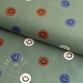 Bomullstyg FLANNEL Happy faces army green