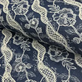 Bomullstyg JEANS EMBROIDERY Flora design Och